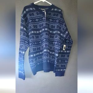 Bowen & Wright Mens Sweater XL 100% Lambswool Blue Geometric V-neck Long Sleeves